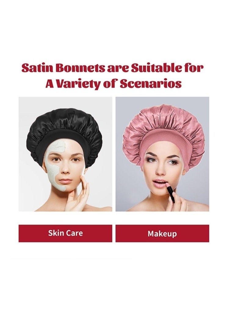 LUMYA 2Pcs Hair Bonnets for Sleeping, Silk Bonnets, Satin Bonnets with Soft Elastic Band, Sleep Cap for Curly Natural Long Hair, Hair Wrap for Women (Black, Pink) - Image 2